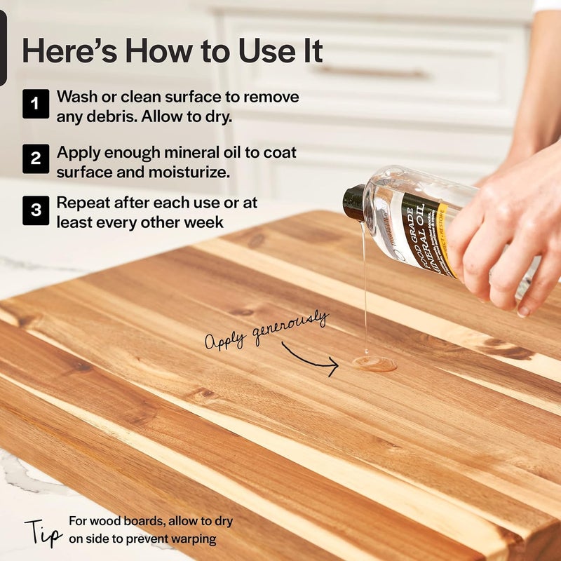 Thirteen Chefs Mineral Oil - 8 oz Food Grade Conditioner for Wood Cutting Board, Countertop & Butcher Block, Lubricant for Knife or Meat Grinder - Safe USP Finish on Marble, Soapstone - Image 4