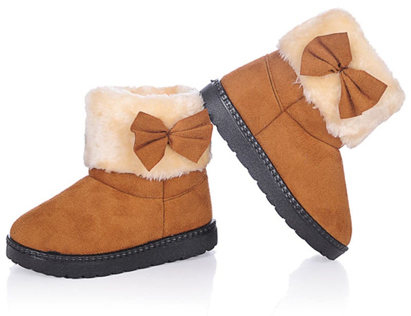 DADAWEN Baby's Girl's Toddler Fashion Cute Bowknot Fur Lining Princess Warm Snow Boots Brown US Size 9 M Toddler - Image 1