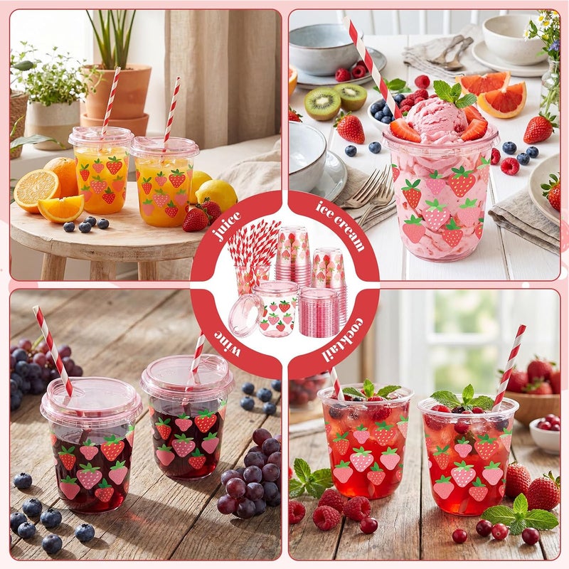 LemonRoad 50 Sets Red Strawberry Clear Plastic Cups with Lids & Straws 12 oz Pink Party Tumblers for Iced Coffee, Smoothies, Juice & More Cute Disposable Pet Mugs for Birthdays & Gatherings - Image 4