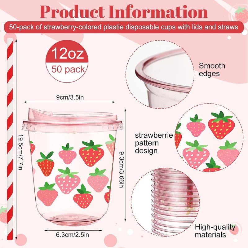 LemonRoad 50 Sets Red Strawberry Clear Plastic Cups with Lids & Straws 12 oz Pink Party Tumblers for Iced Coffee, Smoothies, Juice & More Cute Disposable Pet Mugs for Birthdays & Gatherings - Image 2