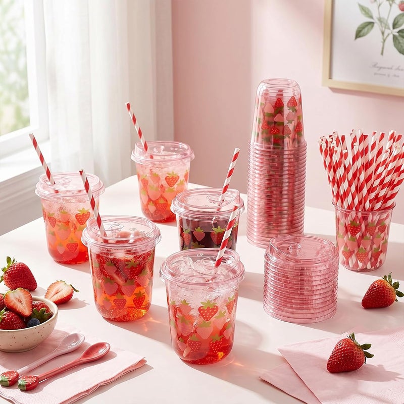 LemonRoad 50 Sets Red Strawberry Clear Plastic Cups with Lids & Straws 12 oz Pink Party Tumblers for Iced Coffee, Smoothies, Juice & More Cute Disposable Pet Mugs for Birthdays & Gatherings - Image 3