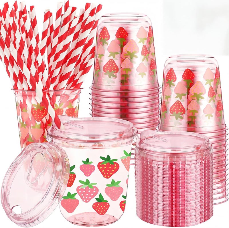 LemonRoad 50 Sets Red Strawberry Clear Plastic Cups with Lids & Straws 12 oz Pink Party Tumblers for Iced Coffee, Smoothies, Juice & More Cute Disposable Pet Mugs for Birthdays & Gatherings - Image 1