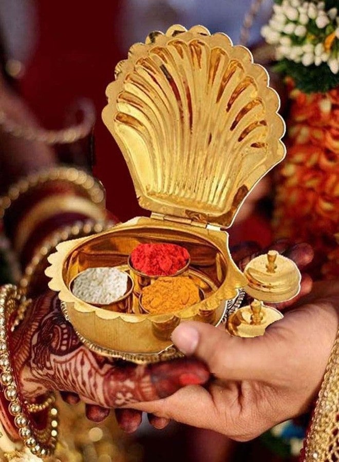 Effigy onlinehub صندوق متعدد الأغراض من النحاس الأصفر من Effigy onlinehub، لحفظ أدوات العبادة (الكركم، الكومكوم، الأرز، الأكشات، السندور)، بتصميم على شكل ضفيرة، مطلي باللون الذهبي، مناسب للمنزل أو المعبد أو الكاراندا. - Image 2