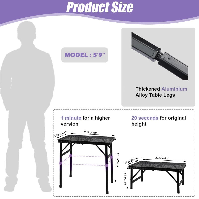 BRIAN & DANY Camping Table Folding Grill Table, Small Foldable Table Height Adjustable, Portable Metal Picnic Table for Outdoor, Black, 2x1.3FT - Image 2