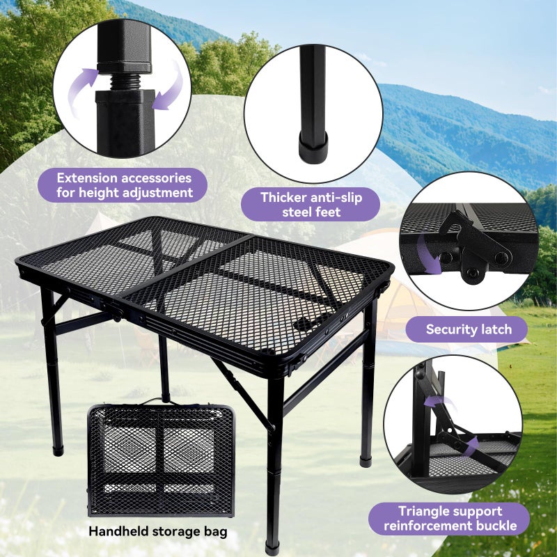 BRIAN & DANY Camping Table Folding Grill Table, Small Foldable Table Height Adjustable, Portable Metal Picnic Table for Outdoor, Black, 2x1.3FT - Image 3