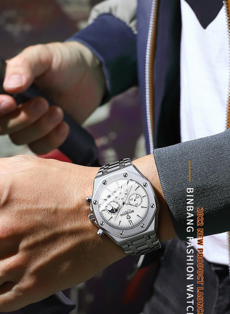 بينبوند ساعة BINBOND B0161 للرجال من أفضل العلامات التجارية ساعة كاجوال فاخرة مضيئة من الفولاذ المقاوم للصدأ مقاومة للماء للرجال مع تاريخ وتقويم - Image 5