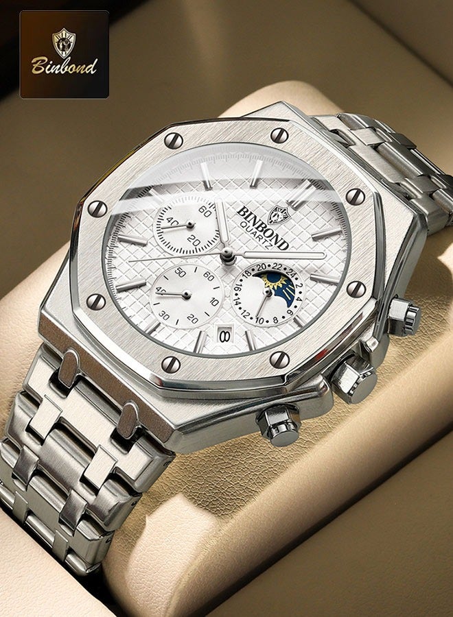 بينبوند ساعة BINBOND B0161 للرجال من أفضل العلامات التجارية ساعة كاجوال فاخرة مضيئة من الفولاذ المقاوم للصدأ مقاومة للماء للرجال مع تاريخ وتقويم - Image 1