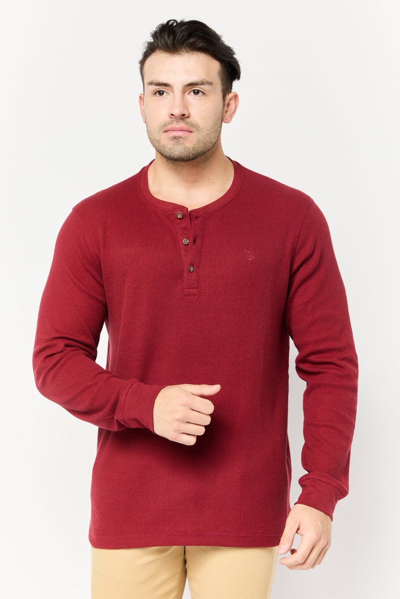 Chaps Men Henley Neck Long Sleeve Embroidered Logo T-Shirt, Maroon - Image 1