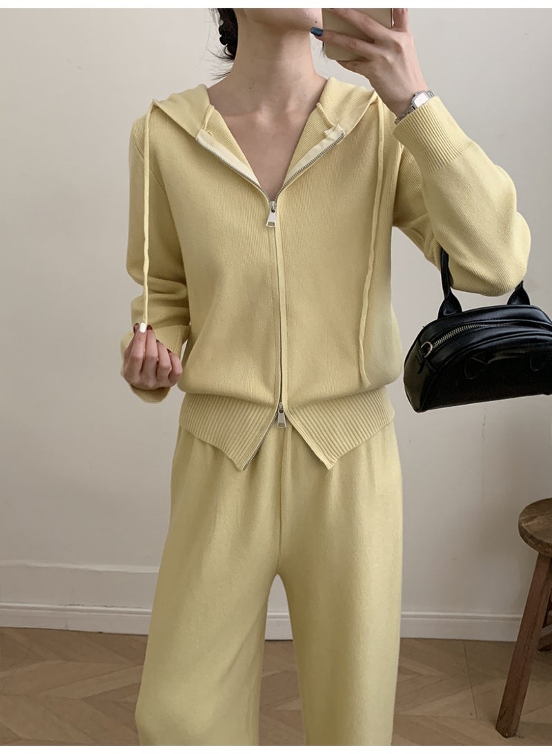 NIBEMINENT Autumn Winter Knitted Two Piece Set Female Long Sleeve Zipper Sweater Cardigan Casual Trousers Knit Outfits Lady - Image 1