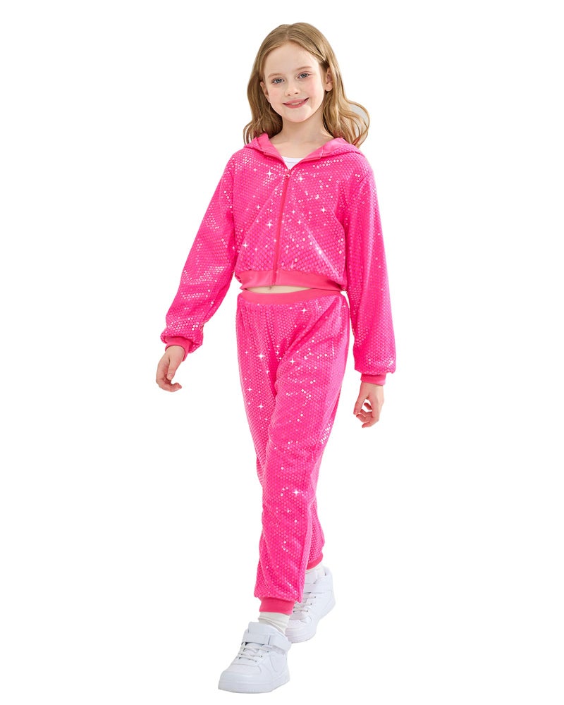 Lolanta Girls' Sequin Jacket Sequin Pants Dance Costume For 90S Theme Party Shiny Dance Clothing Set (Rosered  7-8 Years) - Image 1