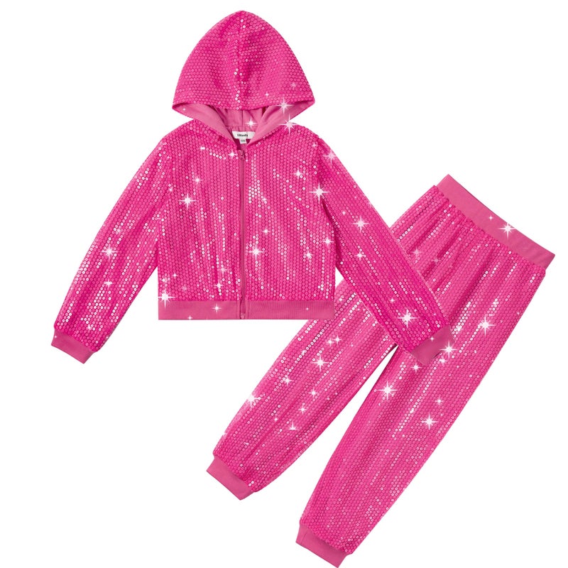 Lolanta Girls' Sequin Jacket Sequin Pants Dance Costume For 90S Theme Party Shiny Dance Clothing Set (Rosered  7-8 Years) - Image 5