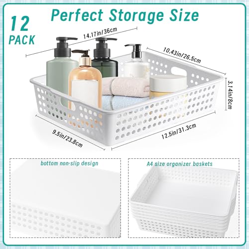 UZLU 12 Pcs Plastic Storage Baskets Bulk 14 x 10 In Stackable Storage Bin with Handles A4 Size Desktop File Letter Organizer Tray Multi-purpose Container for Shelve Desktop Classroom Office Home Playroom - Image 2