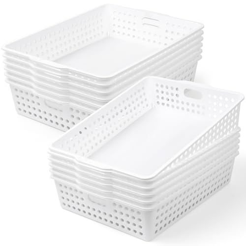 UZLU 12 Pcs Plastic Storage Baskets Bulk 14 x 10 In Stackable Storage Bin with Handles A4 Size Desktop File Letter Organizer Tray Multi-purpose Container for Shelve Desktop Classroom Office Home Playroom - Image 1
