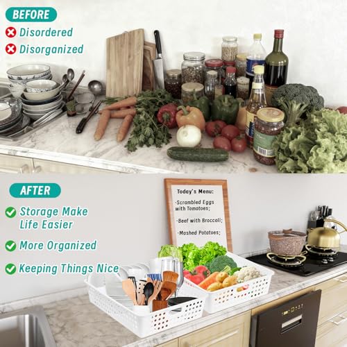 UZLU 12 Pcs Plastic Storage Baskets Bulk 14 x 10 In Stackable Storage Bin with Handles A4 Size Desktop File Letter Organizer Tray Multi-purpose Container for Shelve Desktop Classroom Office Home Playroom - Image 4