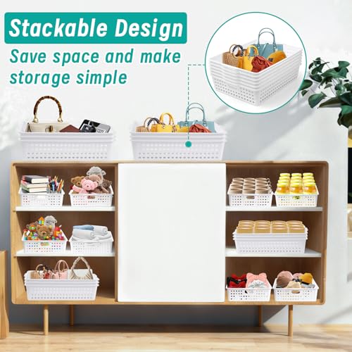 UZLU 12 Pcs Plastic Storage Baskets Bulk 14 x 10 In Stackable Storage Bin with Handles A4 Size Desktop File Letter Organizer Tray Multi-purpose Container for Shelve Desktop Classroom Office Home Playroom - Image 5