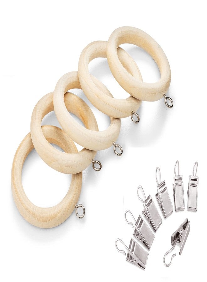 Wood Curtain Rings with Clips Set of 12, 2.25 Inch, Natural Unfinished