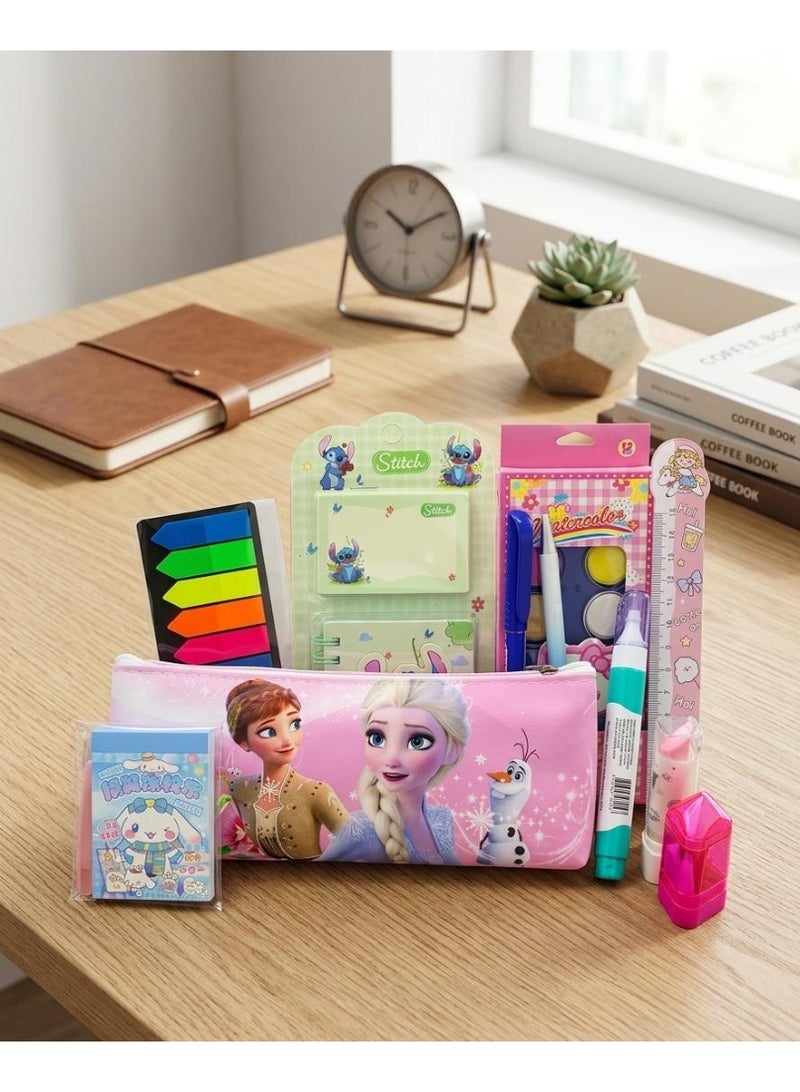 Pencil case + school supplies (ballpoint pen + mechanical pencil + correction fluid + notepad + sticker notebook + watercolors + ruler + eraser + sharpener + notebook card and notes)