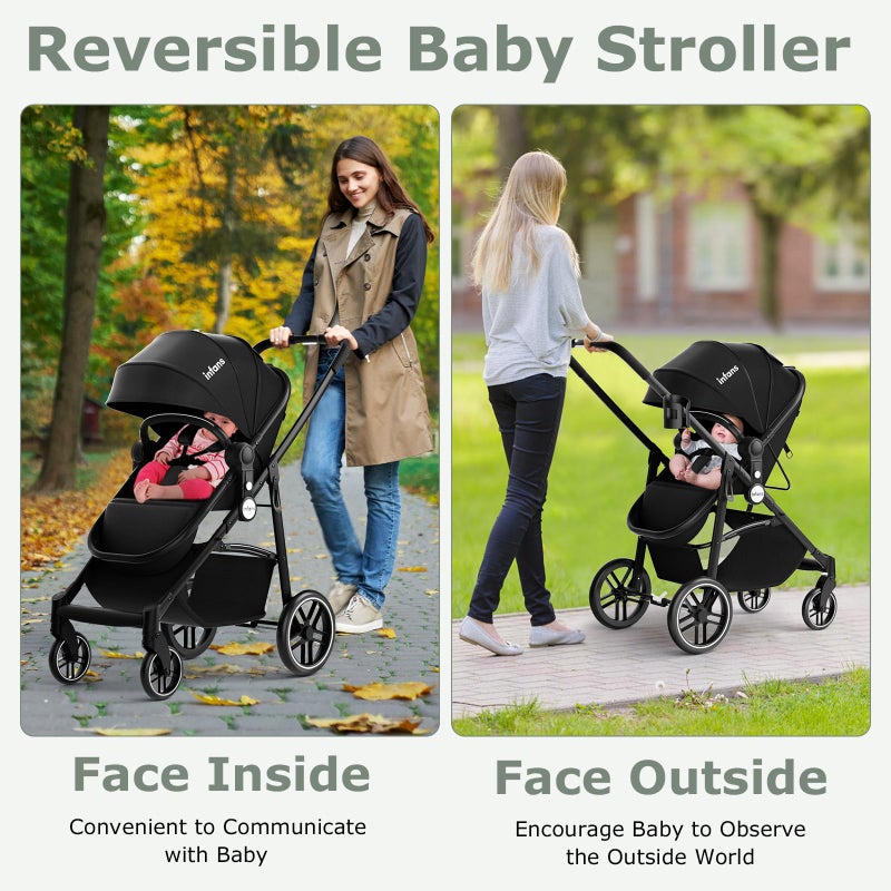 INFANS 2 in 1 Baby Stroller, High Landscape Infant Stroller & Reversible Bassinet Pram, Foldable Pushchair with Adjustable Canopy, Storage Basket, Cup Holder, Suspension Wheels (Black) - Image 2