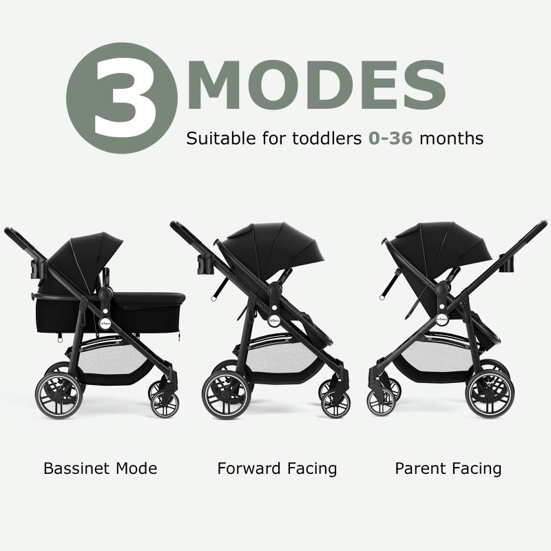 INFANS 2 in 1 Baby Stroller, High Landscape Infant Stroller & Reversible Bassinet Pram, Foldable Pushchair with Adjustable Canopy, Storage Basket, Cup Holder, Suspension Wheels (Black) - Image 3