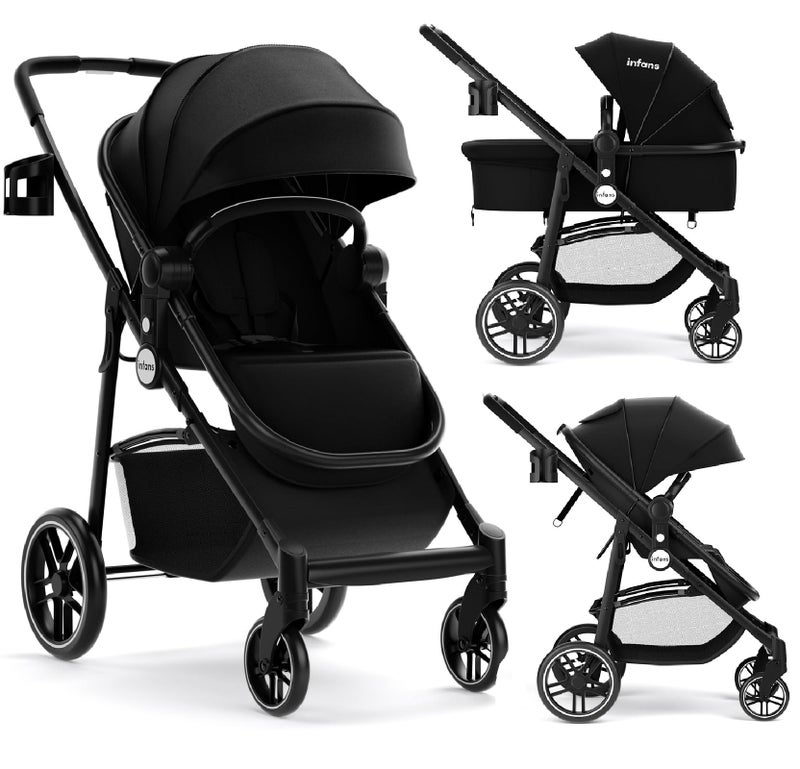 INFANS 2 in 1 Baby Stroller, High Landscape Infant Stroller & Reversible Bassinet Pram, Foldable Pushchair with Adjustable Canopy, Storage Basket, Cup Holder, Suspension Wheels (Black) - Image 1