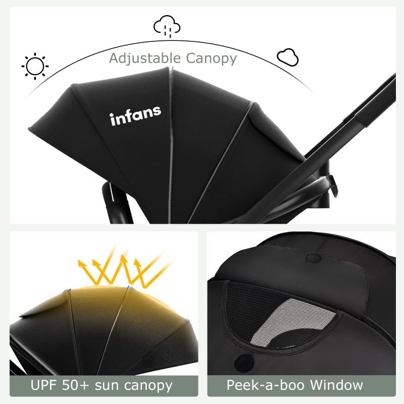INFANS 2 in 1 Baby Stroller, High Landscape Infant Stroller & Reversible Bassinet Pram, Foldable Pushchair with Adjustable Canopy, Storage Basket, Cup Holder, Suspension Wheels (Black) - Image 4