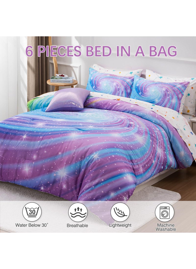 Btargot Btargot Super Soft 6 Pieces Gradient Star Ring Comforter Set  Colorful Glitter Rainbow Star Pattern Bedding Set for Boys Girls Teens  Queen Purple  - Image 3