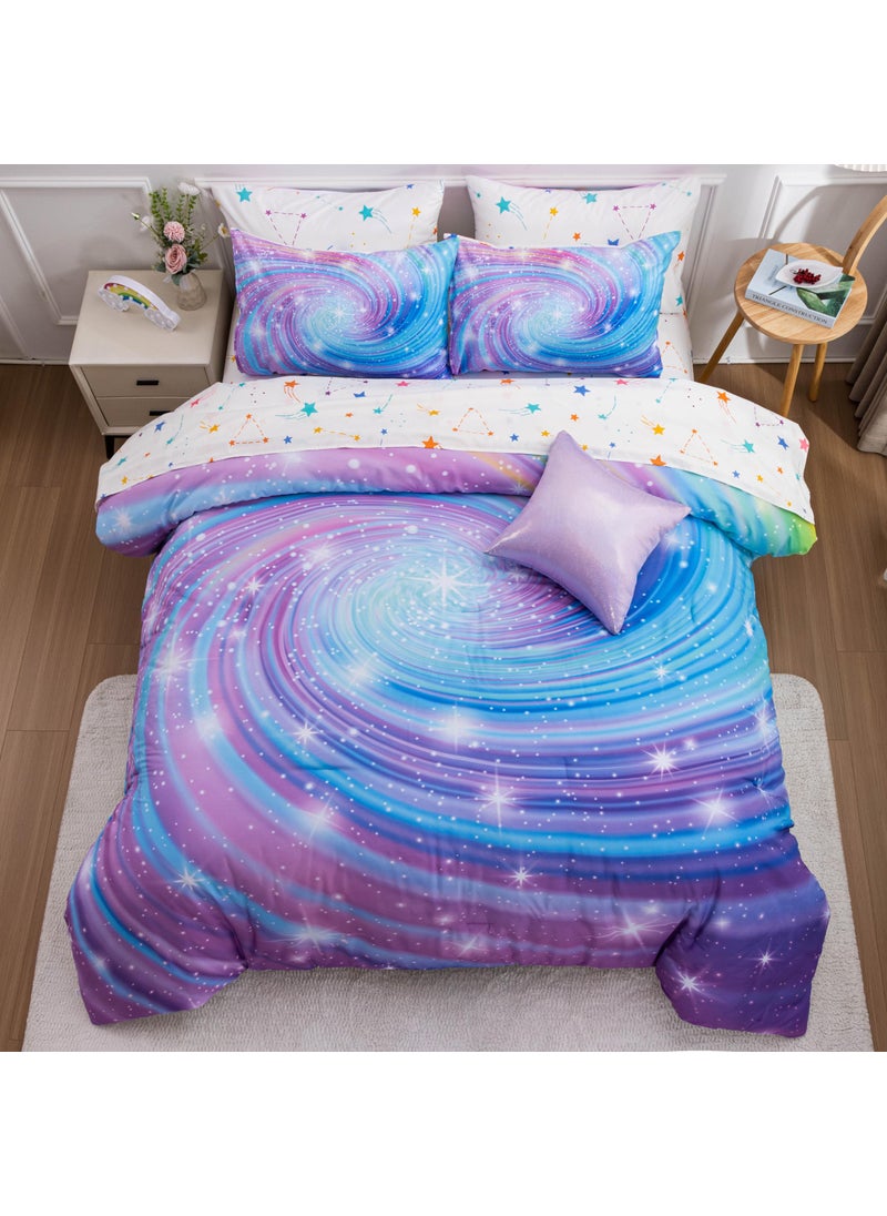 Btargot Btargot Super Soft 6 Pieces Gradient Star Ring Comforter Set  Colorful Glitter Rainbow Star Pattern Bedding Set for Boys Girls Teens  Queen Purple  - Image 1