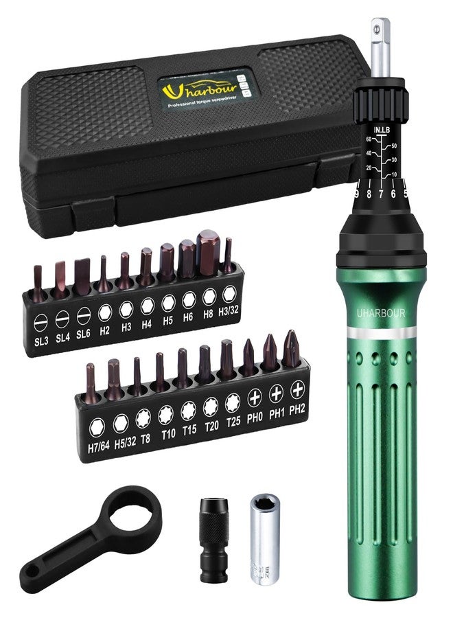 Uharbour Torque Screwdriver 10-60 in.lb, Torque Screwdriver Set with 1/4" Elastic Bit Holder, 1/4" Bit Adapter, Flat, Hex, Torx and Philips Bits, Suitable for Gunsmithing, DIY, Bicycle Maintenance - Image 1