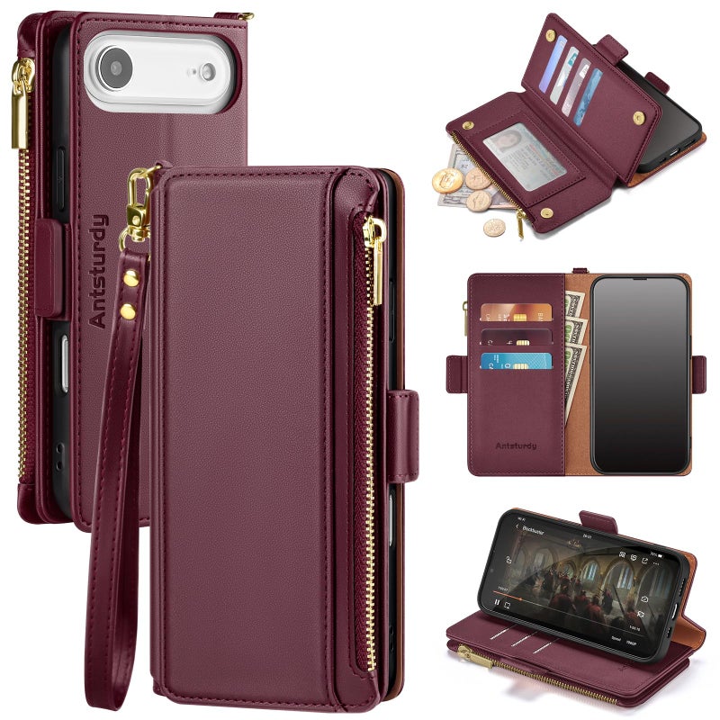 Antsturdy Compatible with iPhone Air Wallet Case Women RFID Blocking PU Leather Phone Case Men Kickstand Flip Cover Wrist Strap Zipper Credit Card Holder Slots for Apple 17 Air 2025,Wine Red - Image 1