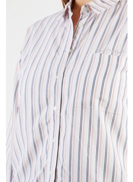 IKKS Women Spread Collar Long Sleeves Stripe Print Top, White Combo  - Image 3