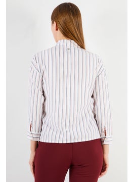 IKKS Women Spread Collar Long Sleeves Stripe Print Top, White Combo  - Image 2