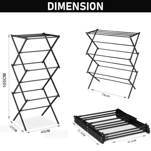 Lukzer 3-Tier Foldable Metal Drying Rack, Expandable Laundry Rack, Double Rust Prevention, Indoor/Outdoor Clothes Dryer, No Installation Needed, Black (105x74x37cm/Black) - Image 4