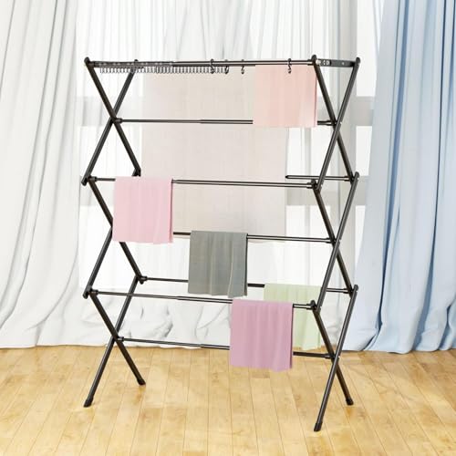 Lukzer 3-Tier Foldable Metal Drying Rack, Expandable Laundry Rack, Double Rust Prevention, Indoor/Outdoor Clothes Dryer, No Installation Needed, Black (105x74x37cm/Black) - Image 2