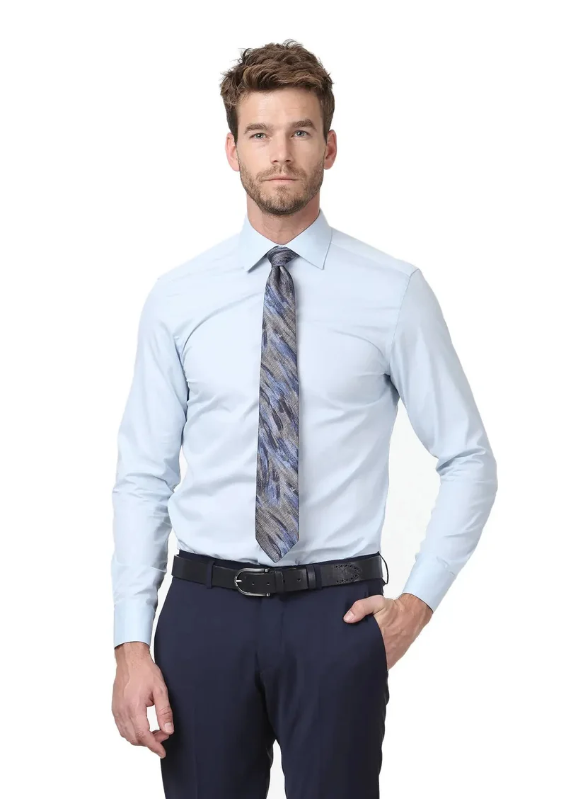 RAMSEY Blue Plain Fitted Fit Weaving Classical Cotton Blended Shirt