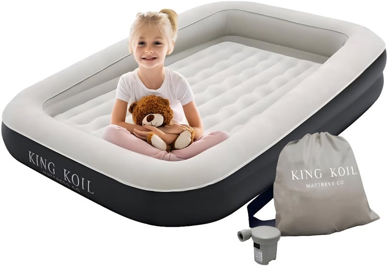 King Koil Luxury Inflatable Toddler Travel Bed with Built-in Safety Bumper, Portable Air Mattress Airbed for Kids Travel, Includes High-Speed Pump - Black - Image 1