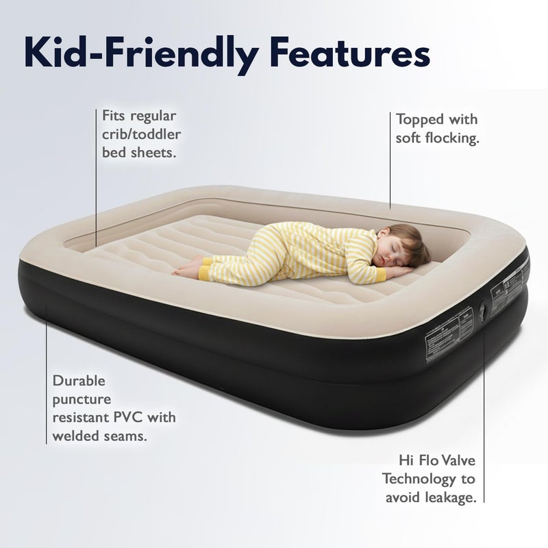 King Koil Luxury Inflatable Toddler Travel Bed with Built-in Safety Bumper, Portable Air Mattress Airbed for Kids Travel, Includes High-Speed Pump - Black - Image 5