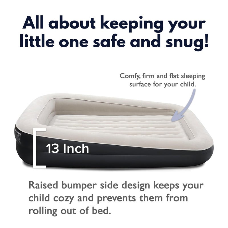 King Koil Luxury Inflatable Toddler Travel Bed with Built-in Safety Bumper, Portable Air Mattress Airbed for Kids Travel, Includes High-Speed Pump - Black - Image 3