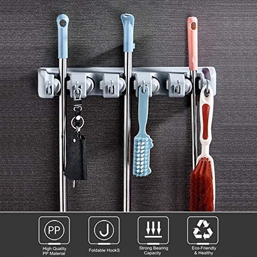 HMV MALL Mop and Broom Holder; Upgraded with Effective Strong Holding 5 Slot Position with 6 Hooks Garage Storage up to 11 Tools Wall Mounted; Organize Ideas; Standard Size (Multicolor) (Pack of-1) - Image 3