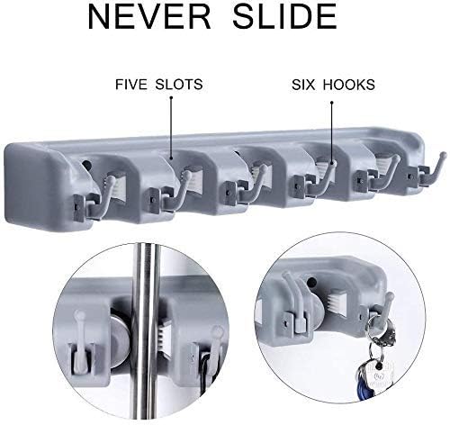 HMV MALL Mop and Broom Holder; Upgraded with Effective Strong Holding 5 Slot Position with 6 Hooks Garage Storage up to 11 Tools Wall Mounted; Organize Ideas; Standard Size (Multicolor) (Pack of-1) - Image 5