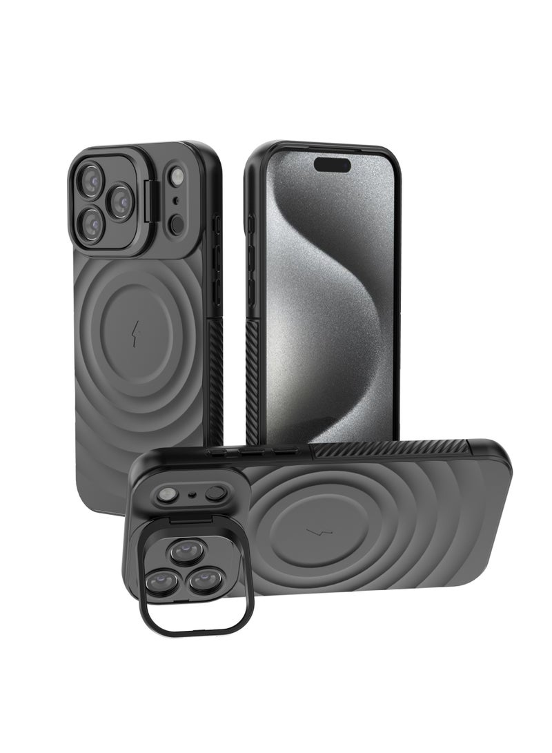 غطاء حمايه لهاتف ايفون 17 برو ماكس جراب ارمور مغناطيسي ياتي بحواف مرتفعة حول الشاشة وعدسة الكاميرا تساعد على منع الخدوش معا استاند للكاميرا - اسود - Image 1