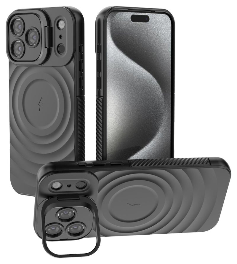 Cover For iPhone 17 Pro Max Magnetic Phone Corrugated Anti Drop Full Lens Coverage Phone Case with Holder Stand - Black - Image 1