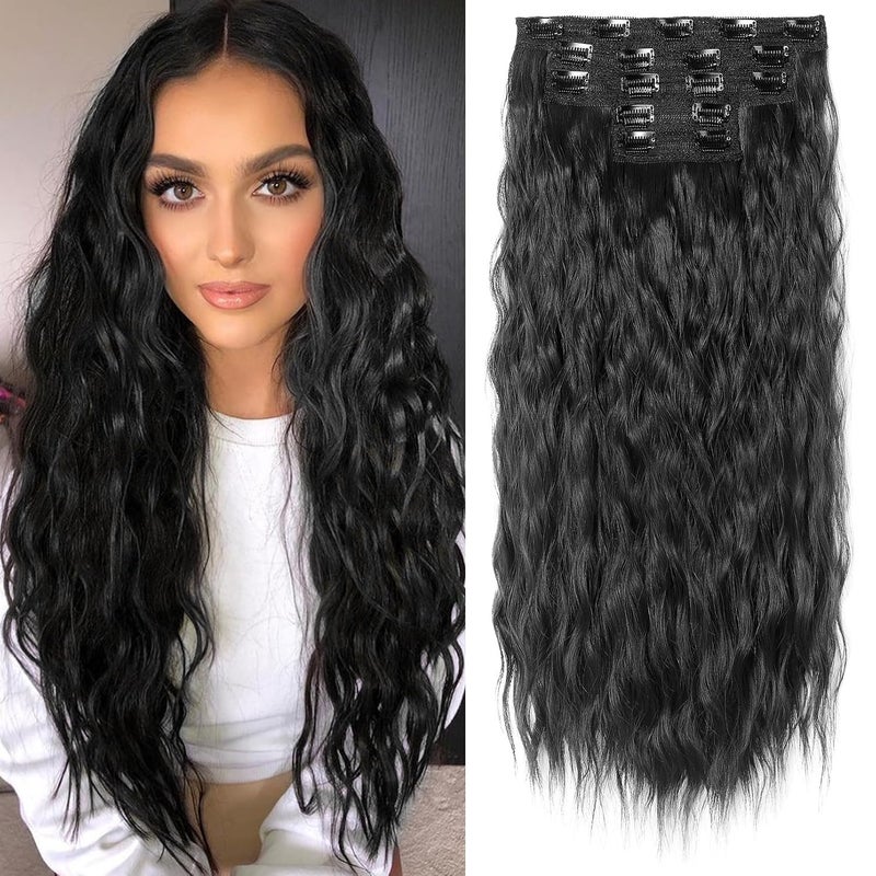 Clip in Hair Extensions REECHO 5PCS Brown Hair Extensions 24 Thick Long Loose Waves hair extensions HE002 Invisible Lace Weft Natural Soft Hairpieces for Women  Jet Black