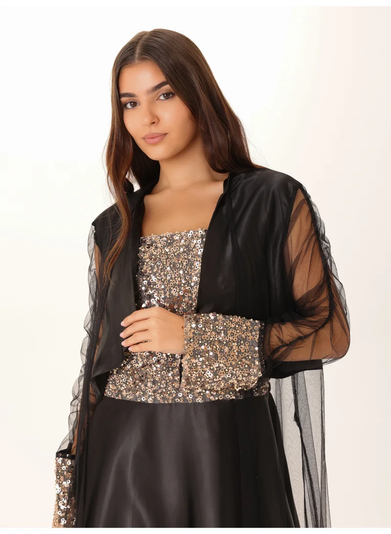 IKKXA Sequin Elegance 2 Piece Sheer Sleeves Outfit IK1052 Black