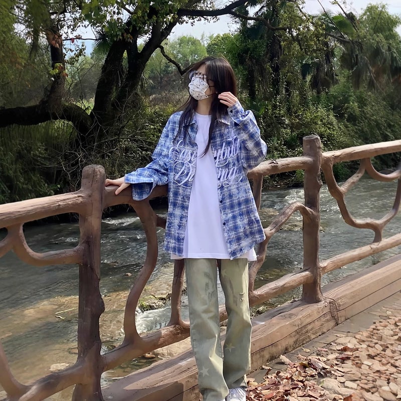 American Street Letter Embroidery Plaid Shirt for Women - Image 2
