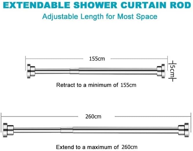 BLYPHOO Shower Curtain Rod: Tension Adjustable Non-Slip Curtain Rod– Never Rust 304 Stainless Steel, Bathroom Telescopic Tension Spring Curtain Pole – No Drilling Extendable Clothes Rail (155-260cm) - Image 5