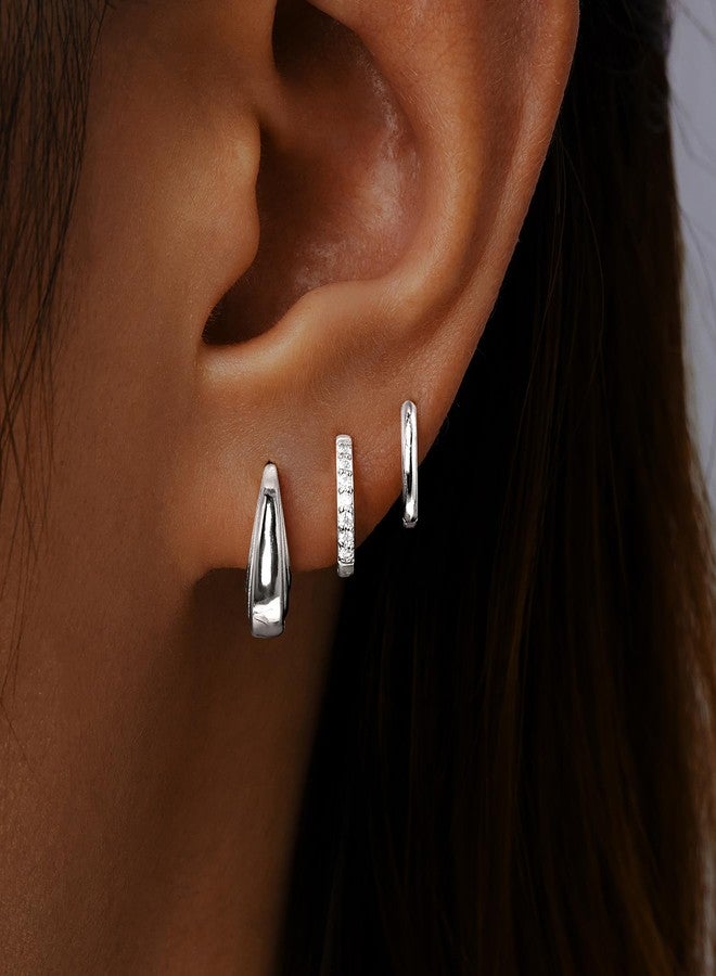 Inerney 925 Sterling Silver Hoop Earrings Set for Women, Dainty Small Huggie Earrings for Multiple Piercing Lightweight Hypoallergenic Jewelry, Trendy Chunky Cubic Zircon Cartilage Earrings for Teen - Image 2