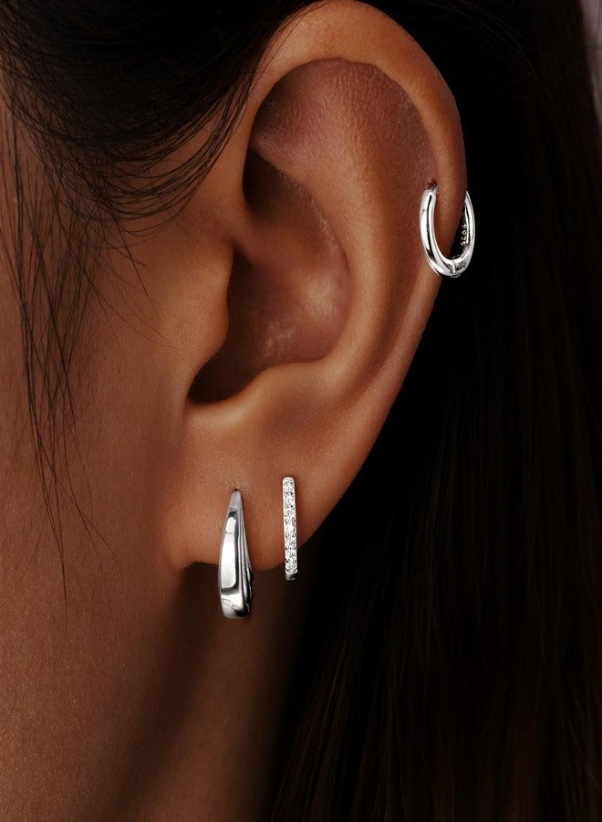 Inerney 925 Sterling Silver Hoop Earrings Set for Women, Dainty Small Huggie Earrings for Multiple Piercing Lightweight Hypoallergenic Jewelry, Trendy Chunky Cubic Zircon Cartilage Earrings for Teen - Image 3