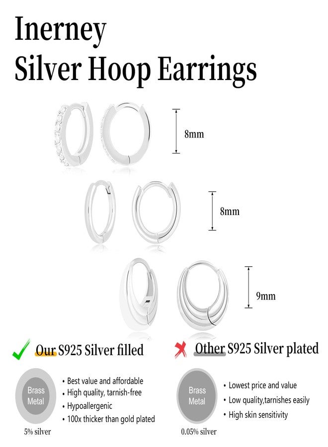Inerney 925 Sterling Silver Hoop Earrings Set for Women, Dainty Small Huggie Earrings for Multiple Piercing Lightweight Hypoallergenic Jewelry, Trendy Chunky Cubic Zircon Cartilage Earrings for Teen - Image 4