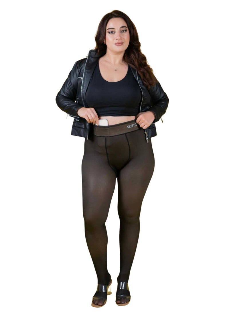 Keepfit Plus Size with inner pocket nude look with dual tone sheer appearance fur warm stocking for women - Image 1