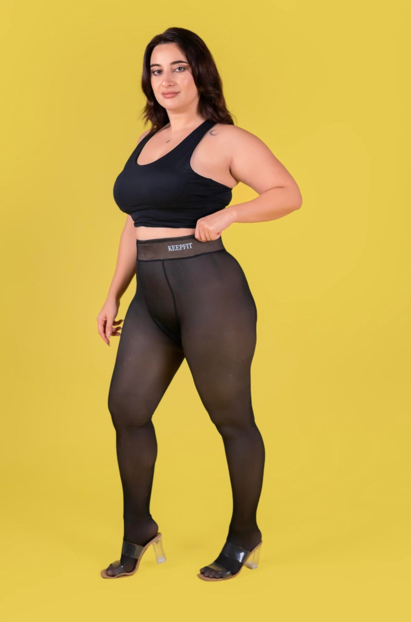Keepfit Plus Size with inner pocket nude look with dual tone sheer appearance fur warm stocking for women - Image 4